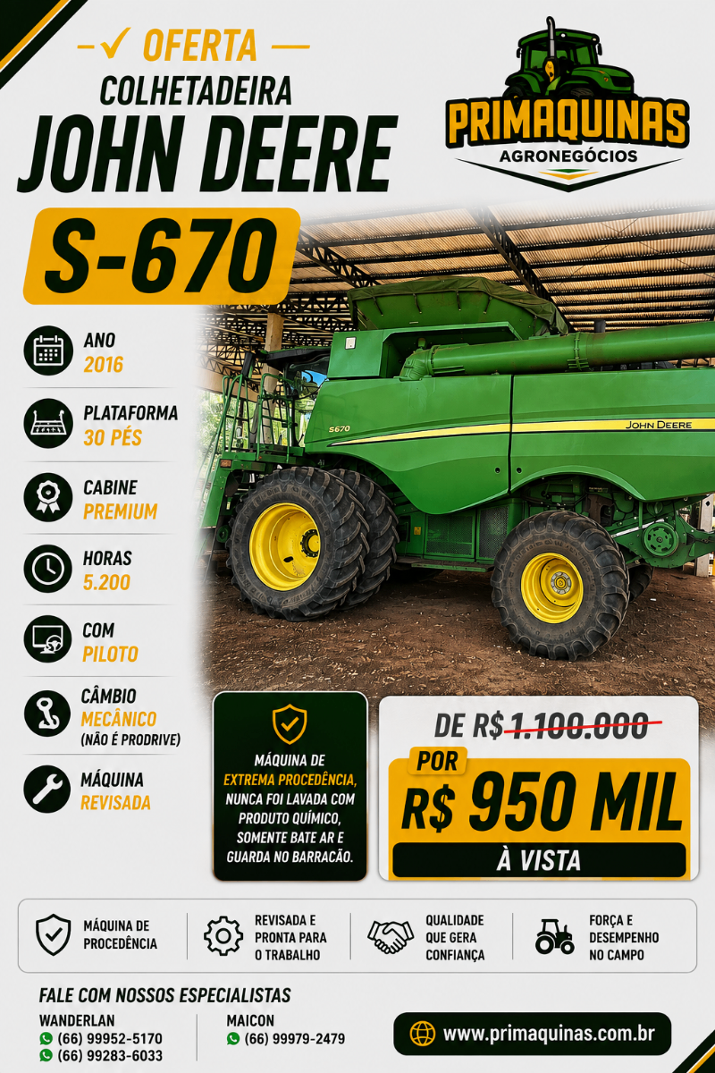 Colheitadeira John Deere S670 2016