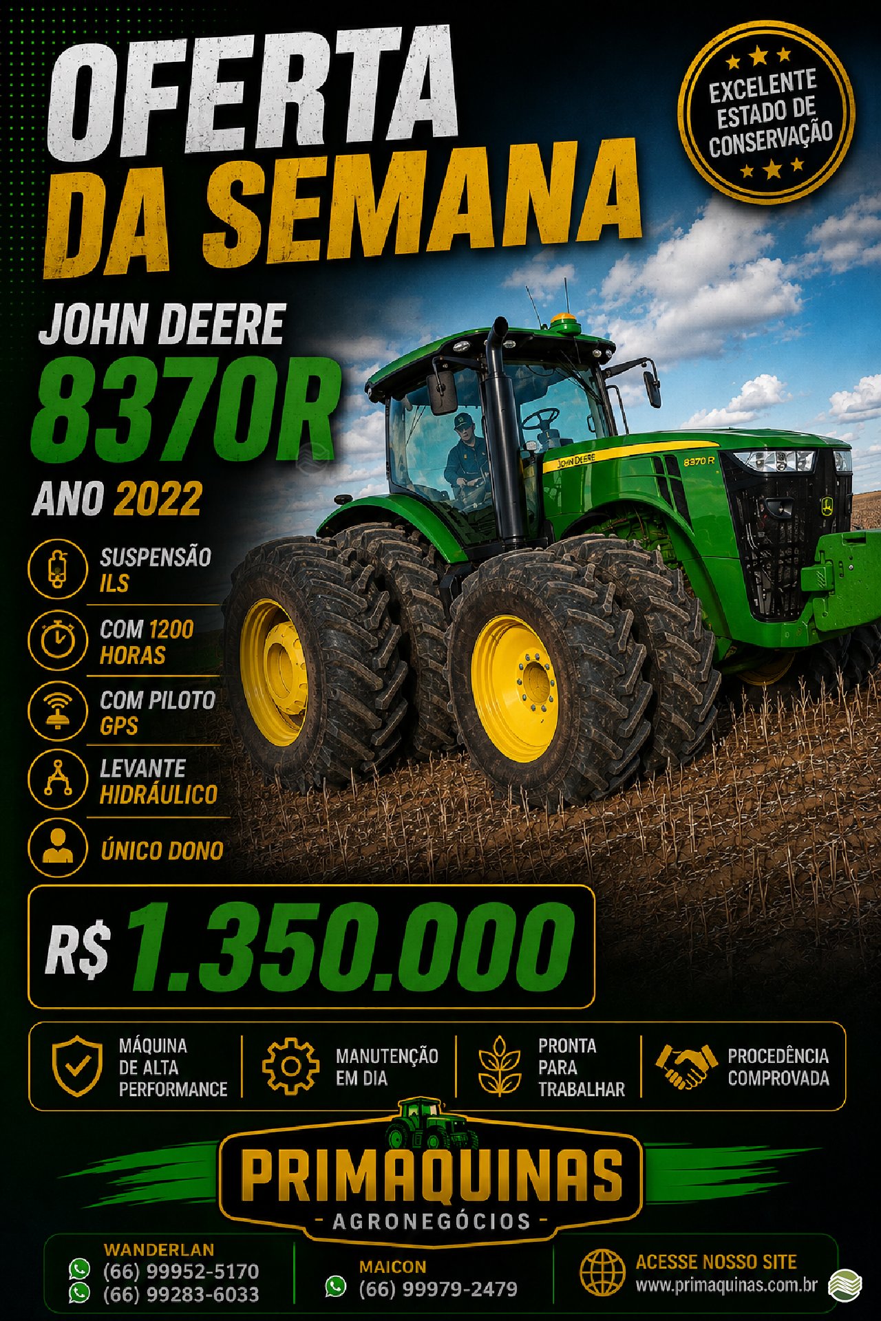 Trator agrícola John Deere 8370R 2022